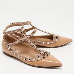 Pre Owned Valentino Beige Patent Leather Rockstud Ankle Strap Ballet Flats Size 37