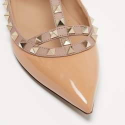 Pre Owned Valentino Beige Patent Leather Rockstud Ankle Strap Ballet Flats Size 37