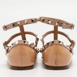 Pre Owned Valentino Beige Patent Leather Rockstud Ankle Strap Ballet Flats Size 37