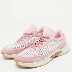 Pre Owned Valentino Pink/White Leather and Mesh Lace Up Sneakers Size 40