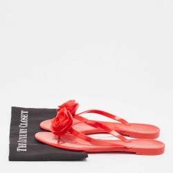 Pre Owned Valentino Red Jelly Rose Embellished Flat Slides Size 40