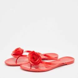 Pre Owned Valentino Red Jelly Rose Embellished Flat Slides Size 40