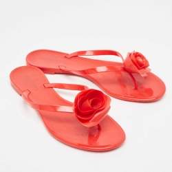 Pre Owned Valentino Red Jelly Rose Embellished Flat Slides Size 40