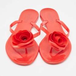 Pre Owned Valentino Red Jelly Rose Embellished Flat Slides Size 40