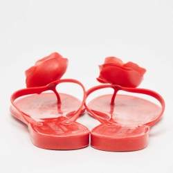 Pre Owned Valentino Red Jelly Rose Embellished Flat Slides Size 40