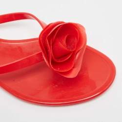Pre Owned Valentino Red Jelly Rose Embellished Flat Slides Size 40