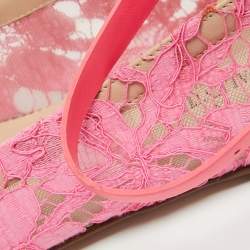 Pre Owned Valentino Pink Lace and Leather Ankle Wrap Ballet Flats Size 40