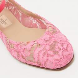 Pre Owned Valentino Pink Lace and Leather Ankle Wrap Ballet Flats Size 40