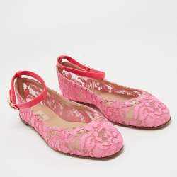 Pre Owned Valentino Pink Lace and Leather Ankle Wrap Ballet Flats Size 40