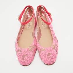 Pre Owned Valentino Pink Lace and Leather Ankle Wrap Ballet Flats Size 40