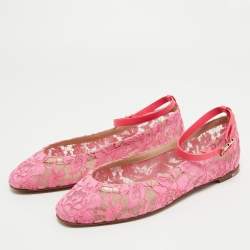 Pre Owned Valentino Pink Lace and Leather Ankle Wrap Ballet Flats Size 40