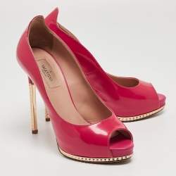 Pre Owned Valentino Pink Patent Leather Rockstud Platform Pump Size 37