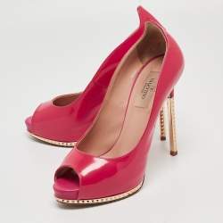 Pre Owned Valentino Pink Patent Leather Rockstud Platform Pump Size 37
