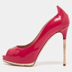 Pre Owned Valentino Pink Patent Leather Rockstud Platform Pump Size 37