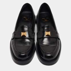 Pre Owned Valentino Black Leather Roman Stud Loafers Size 39