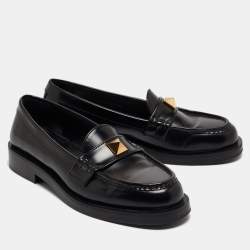 Pre Owned Valentino Black Leather Roman Stud Loafers Size 39