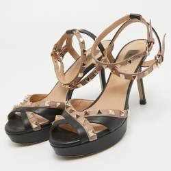 Pre Owned Valentino Black/Dusty Pink Leather Rockstud Platform Ankle Strap Sandals Size 39