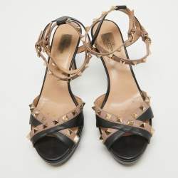 Pre Owned Valentino Black/Dusty Pink Leather Rockstud Platform Ankle Strap Sandals Size 39