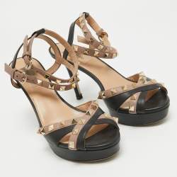 Pre Owned Valentino Black/Dusty Pink Leather Rockstud Platform Ankle Strap Sandals Size 39