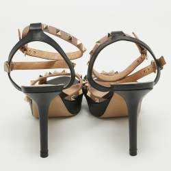 Pre Owned Valentino Black/Dusty Pink Leather Rockstud Platform Ankle Strap Sandals Size 39