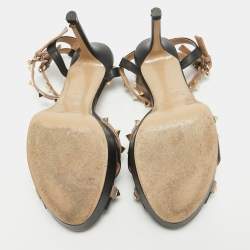 Pre Owned Valentino Black/Dusty Pink Leather Rockstud Platform Ankle Strap Sandals Size 39