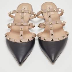 Pre Owned Valentino Black/Beige Leather Rockstud Flat Mules Size 40.5