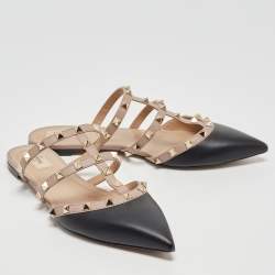 Pre Owned Valentino Black/Beige Leather Rockstud Flat Mules Size 40.5