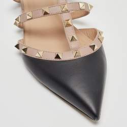 Pre Owned Valentino Black/Beige Leather Rockstud Flat Mules Size 40.5