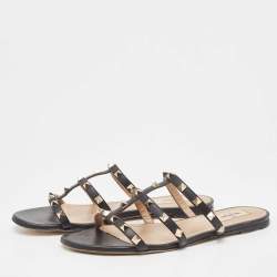 Pre Owned Valentino Black Leather Rockstud Flat Slides Size 40