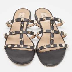 Pre Owned Valentino Black Leather Rockstud Flat Slides Size 40