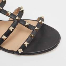 Pre Owned Valentino Black Leather Rockstud Flat Slides Size 40