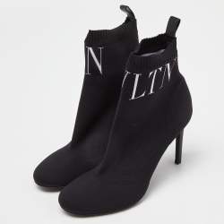 Pre Owned Valentino Black Knit Fabric VLTN Pointed Toe Ankle Booties Size 38