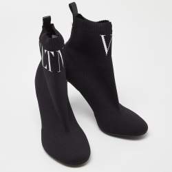 Pre Owned Valentino Black Knit Fabric VLTN Pointed Toe Ankle Booties Size 38