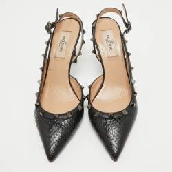 Pre Owned Valentino Black Python Rockstud Slingback Pumps Size 37.5