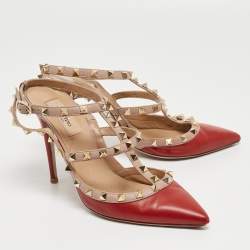 Valentino Red/Dusty Pink Leather Rockstud Ankle Strap Pumps Size 39