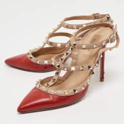 Valentino Red/Dusty Pink Leather Rockstud Ankle Strap Pumps Size 39