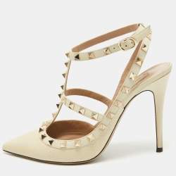 Pre Owned Valentino Cream Leather Rockstud Ankle Strap Pumps Size 39