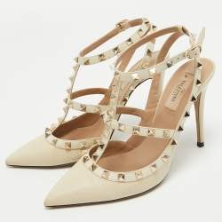 Pre Owned Valentino Cream Leather Rockstud Ankle Strap Pumps Size 39