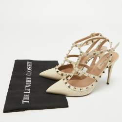 Pre Owned Valentino Cream Leather Rockstud Ankle Strap Pumps Size 39