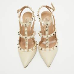 Pre Owned Valentino Cream Leather Rockstud Ankle Strap Pumps Size 39