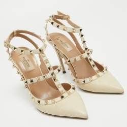 Pre Owned Valentino Cream Leather Rockstud Ankle Strap Pumps Size 39