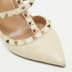 Pre Owned Valentino Cream Leather Rockstud Ankle Strap Pumps Size 39