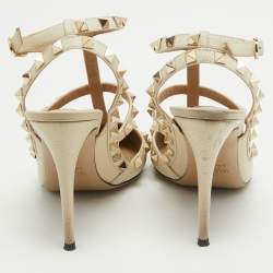 Pre Owned Valentino Cream Leather Rockstud Ankle Strap Pumps Size 39