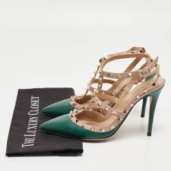 Pre Owned Valentino Green Leather Rockstud Ankle Strap Pumps Size 39