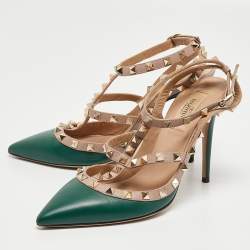 Pre Owned Valentino Green Leather Rockstud Ankle Strap Pumps Size 39