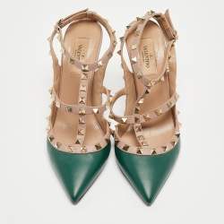 Pre Owned Valentino Green Leather Rockstud Ankle Strap Pumps Size 39