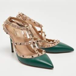 Pre Owned Valentino Green Leather Rockstud Ankle Strap Pumps Size 39