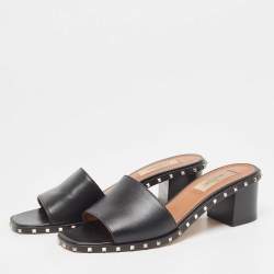 Pre Owned Valentino Black Leather Rockstud Slide Sandals Size 36.5