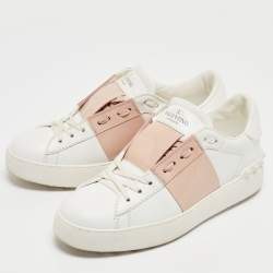 Pre Owned Valentino White/Pink Patent and Leather Open Sneakers Size 35.5