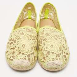 Pre Owned Valentino Neon Yellow Lace and Leather Espadrille Flats Size 39
